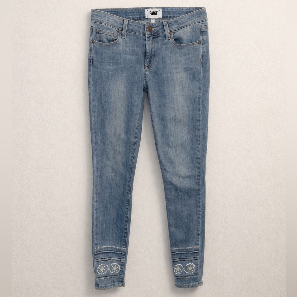 PAIGE Verdugo Ankle Skinny Jeans Indigo Marin Embroidered Hem Size 27
